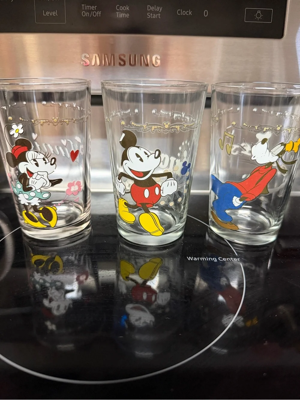 Disney Mickey & Friends Clear Glasses with Red Yellow Blue Accents (Set of 3)